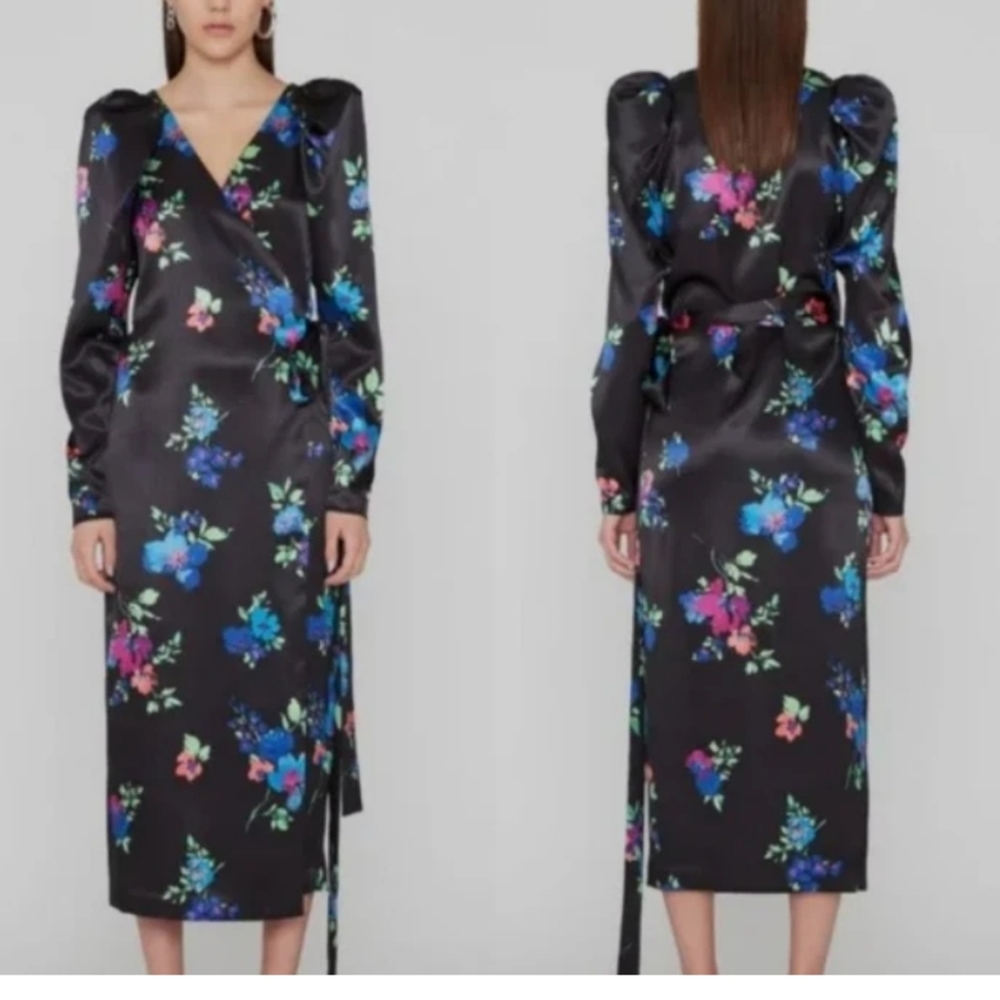 ROTATE BIRGER CHRISTENSEN FLORAL PRINT SATIN WRAP MIDI DRESS sz 0 US